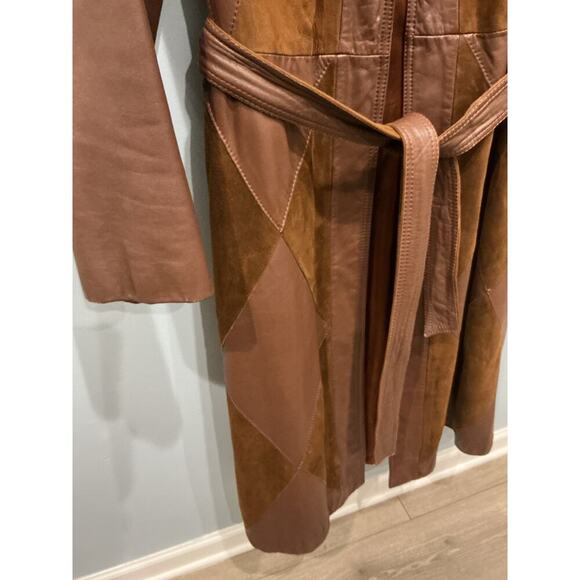 Vintage Womens Long Leather Suede Patchwork Trench Coat Size 16 Western Cowboy - Picture 6 of 13